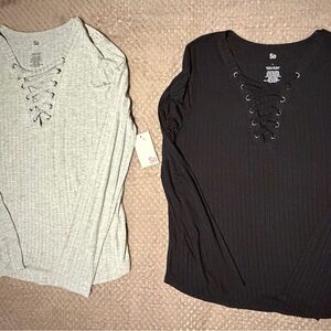 SO Women's Long Sleeve Lace-Up Tops - Black and Gray